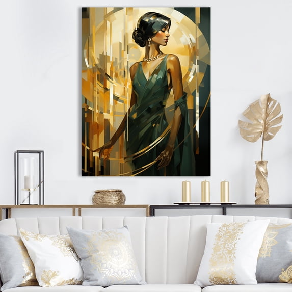 Designart "Stunning Green and Gold Elegance of Woman in Emerald I" Fashion Canvas Wall Art - Glam Green Woman Entryway Wall Art Print
