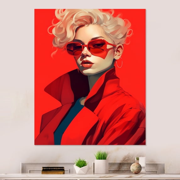 Designart "Stunning Model in a Red Coat II" Fashion Woman Metal Wall Art