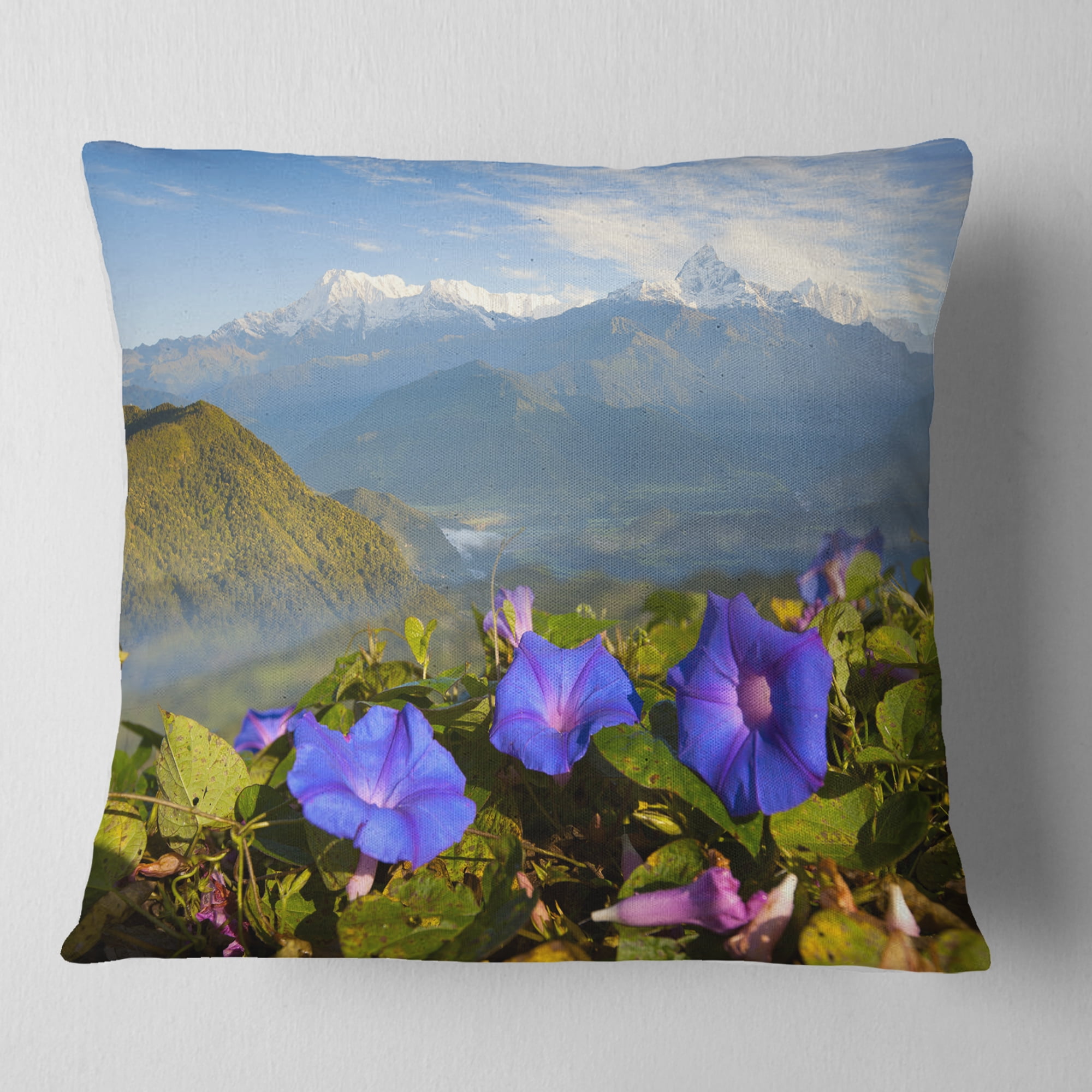 Designart Stunning Mountain Terrain with Flowers - Landscape Printed Throw Pillow - 16x16