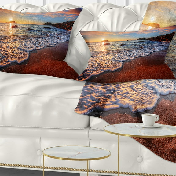Designart Stunning Ocean Beach at Sunset - Seashore Throw Pillow - 12x20