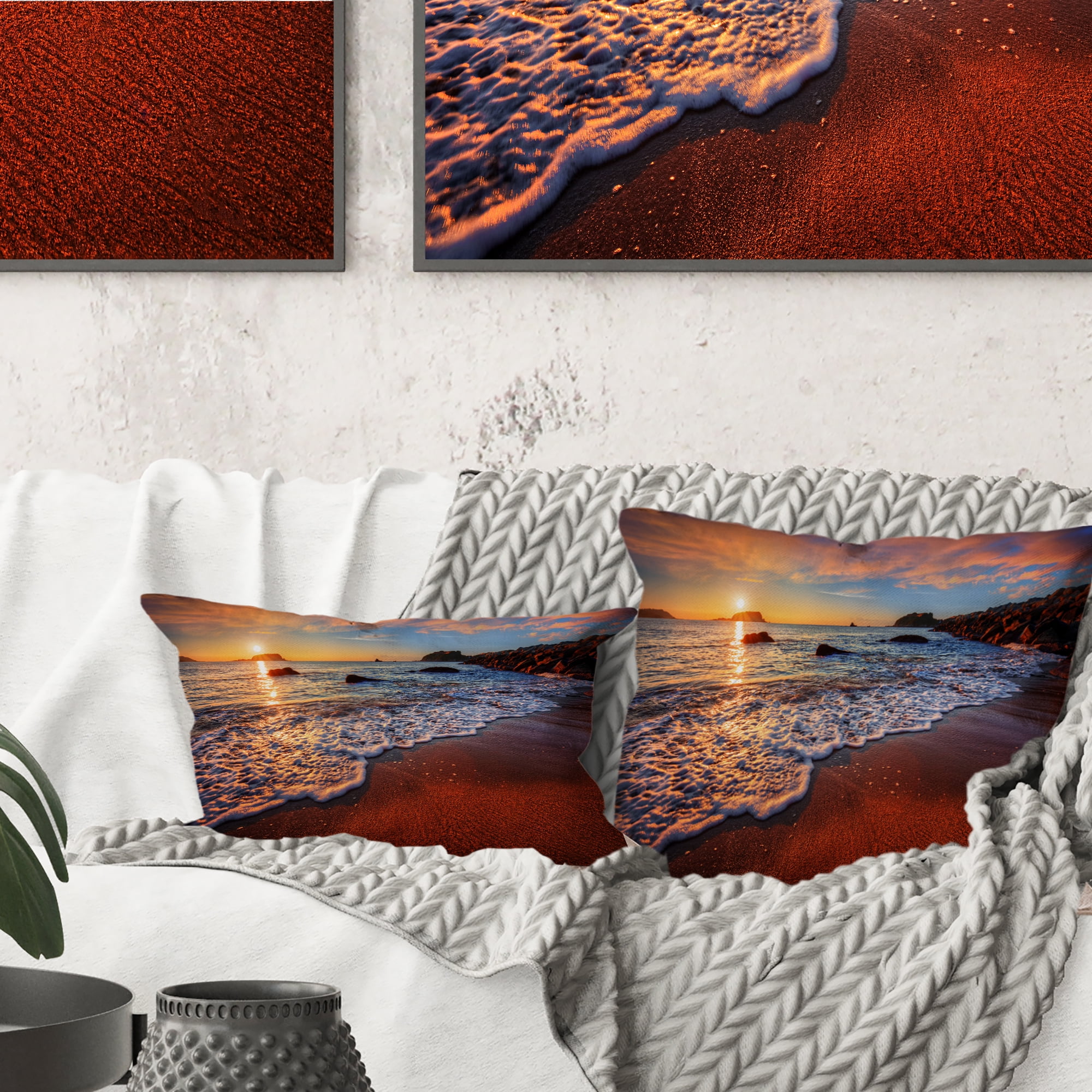 Designart Stunning Ocean Beach at Sunset - Seashore Throw Pillow - 16x16