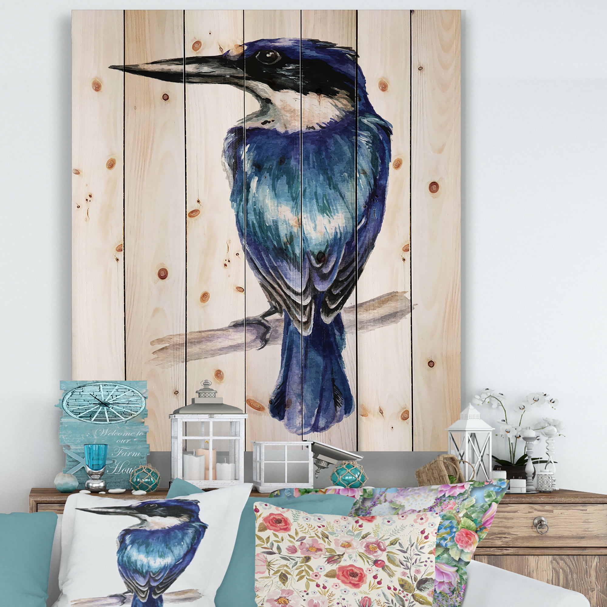 Designart 'Style Blue Kingfisher Bird' Traditional Print on Natural Pine Wood