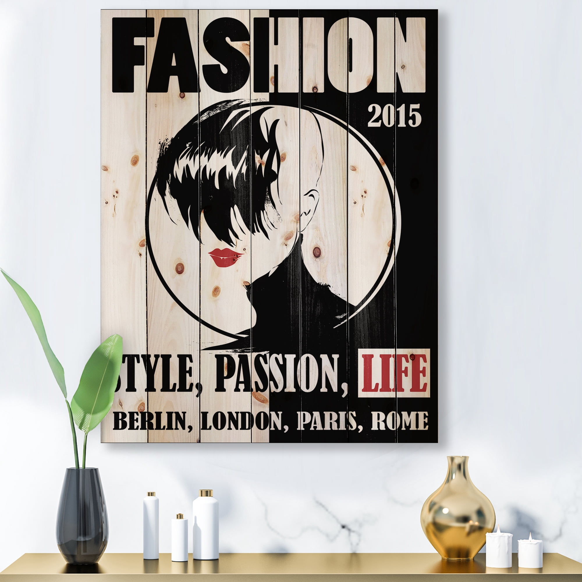 Designart 'Style Passion Life Fashion Woman III' Vintage Print on Natural Pine Wood