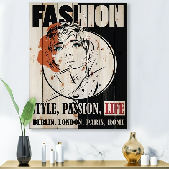 Designart 'Style Passion Life Fashion Woman IV' Vintage Print on Natural Pine Wood
