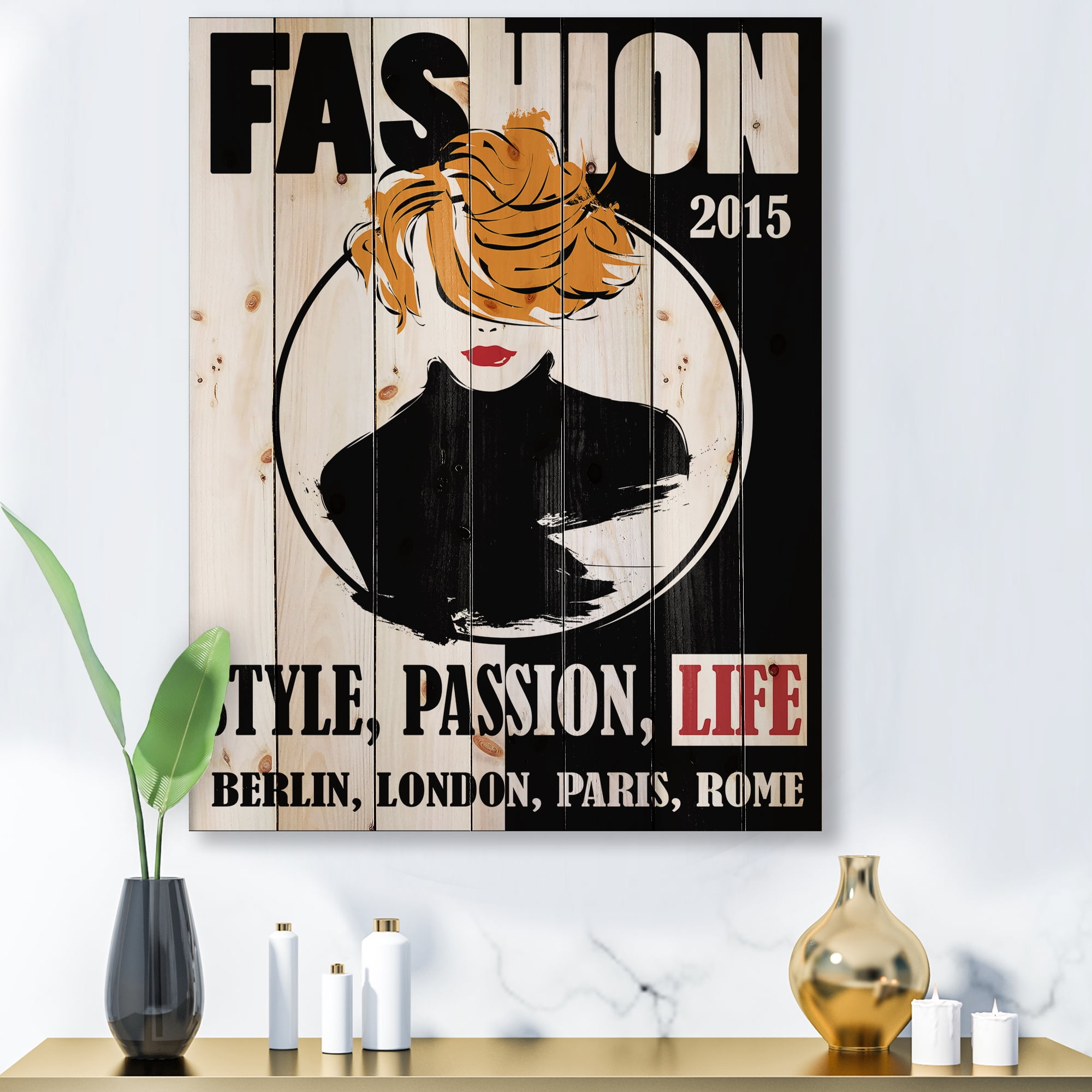Designart 'Style Passion Life Fashion Woman V' Modern Print on Natural Pine Wood