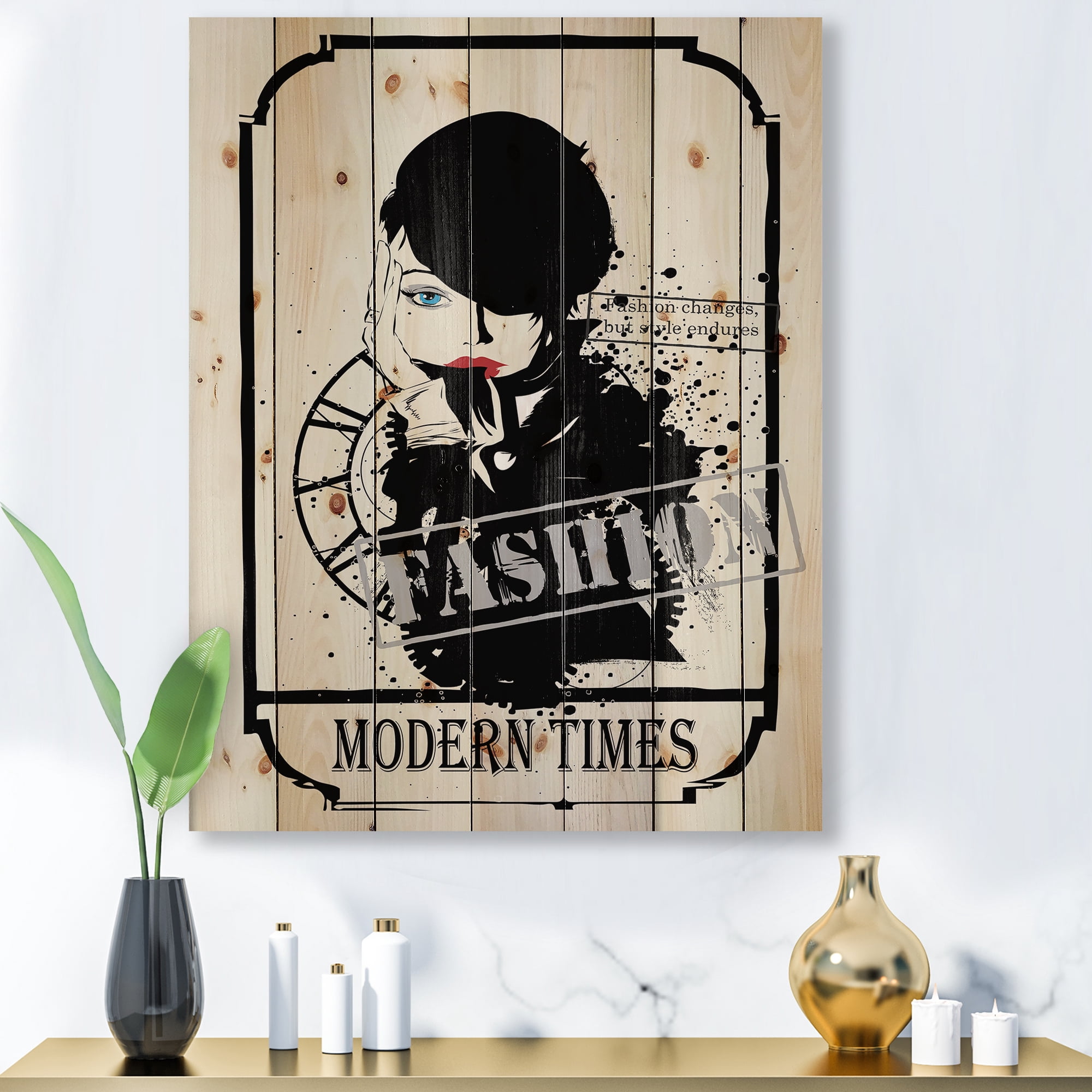 Designart 'Style Passion Life Fashion Woman VII' Vintage Print on Natural Pine Wood