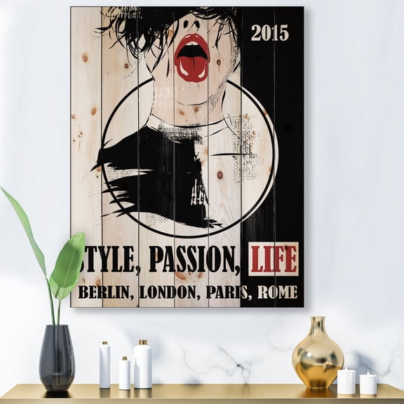 Designart 'Style Passion Life Fashion Woman VIII' Vintage Print on Natural Pine Wood