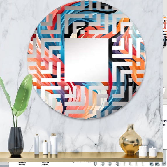 Designart "Stylish 1970s Waves in Trendy Patterns" Geometric Maze Round Wall Mirror - Oval Printed Decorative Mirror - Multiple Color Options
