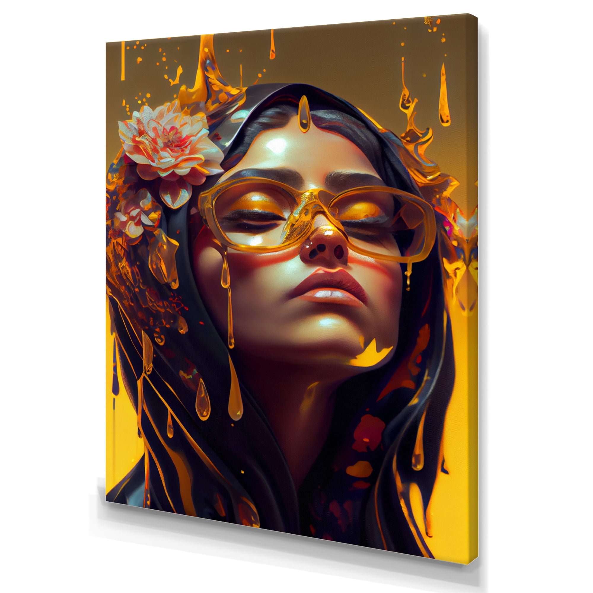 Modern Portrait of Arabic Woman with Floral Hijab in Yellow and Gold