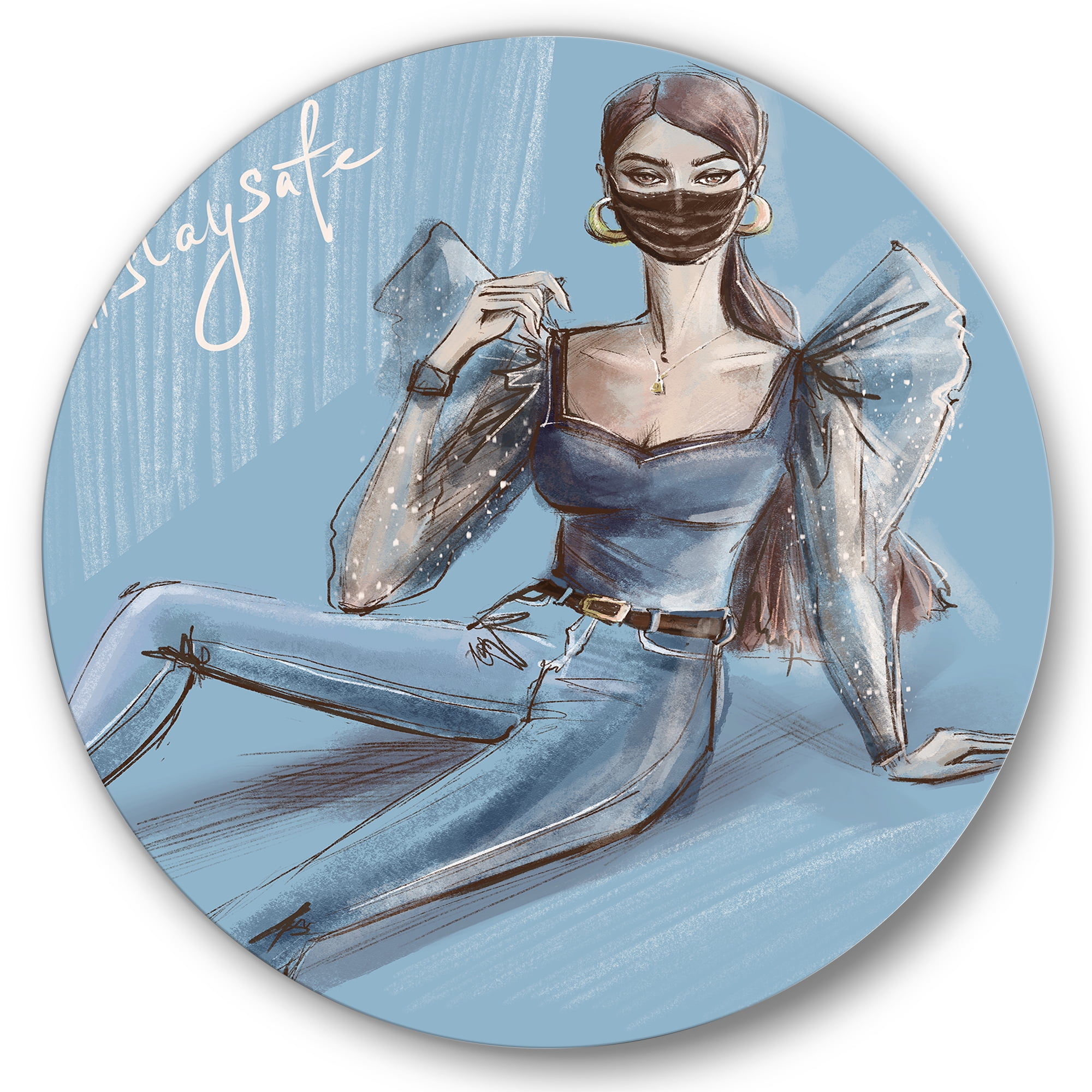 Designart 'Stylish Beautiful Woman Wearing Medical Mask' Traditional Circle Metal Wall Art 23x23 - Disc of 23