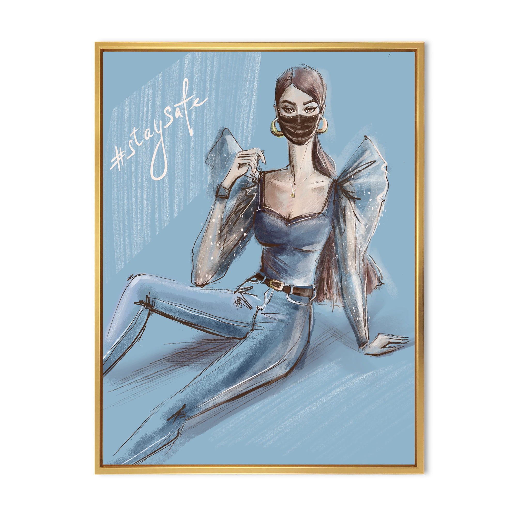 Designart 'Stylish Beautiful Woman Wearing Medical Mask' Traditional Framed Canvas Wall Art Print