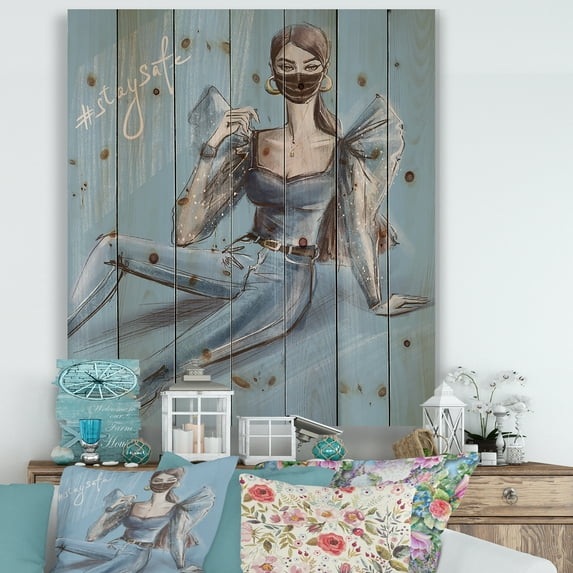 Designart 'Stylish Beautiful Woman Wearing Medical Mask' Traditional Print on Natural Pine Wood