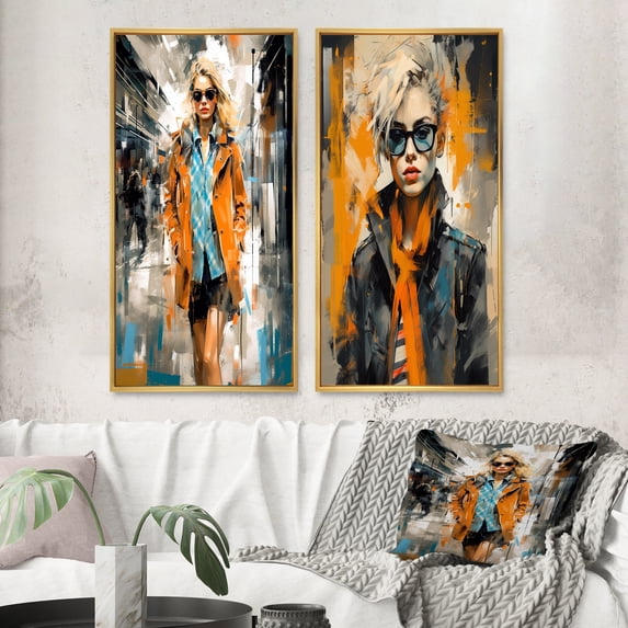 Designart "Stylish Blonde III" Fashion Framed Wall Art Set Of 2 - Orange Fashion Framed Wall Art Set Of 2