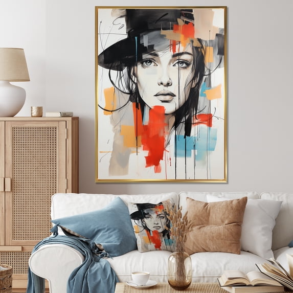 Designart "Stylish French Girl Charcoal" Fashion Floater Framed Wall Decor