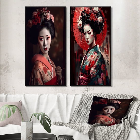Designart "Stylish Geisha in Black and Red II" Japon Woman Framed Wall Art Set Of 2 - Glam Black Frame Gallery Set For Office Decor