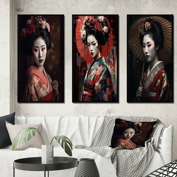 Designart "Stylish Geisha in Black and Red II" Japon Woman Framed Wall Art Set Of 3 - Black Woman Japon Frame Gallery Set For Office Decor