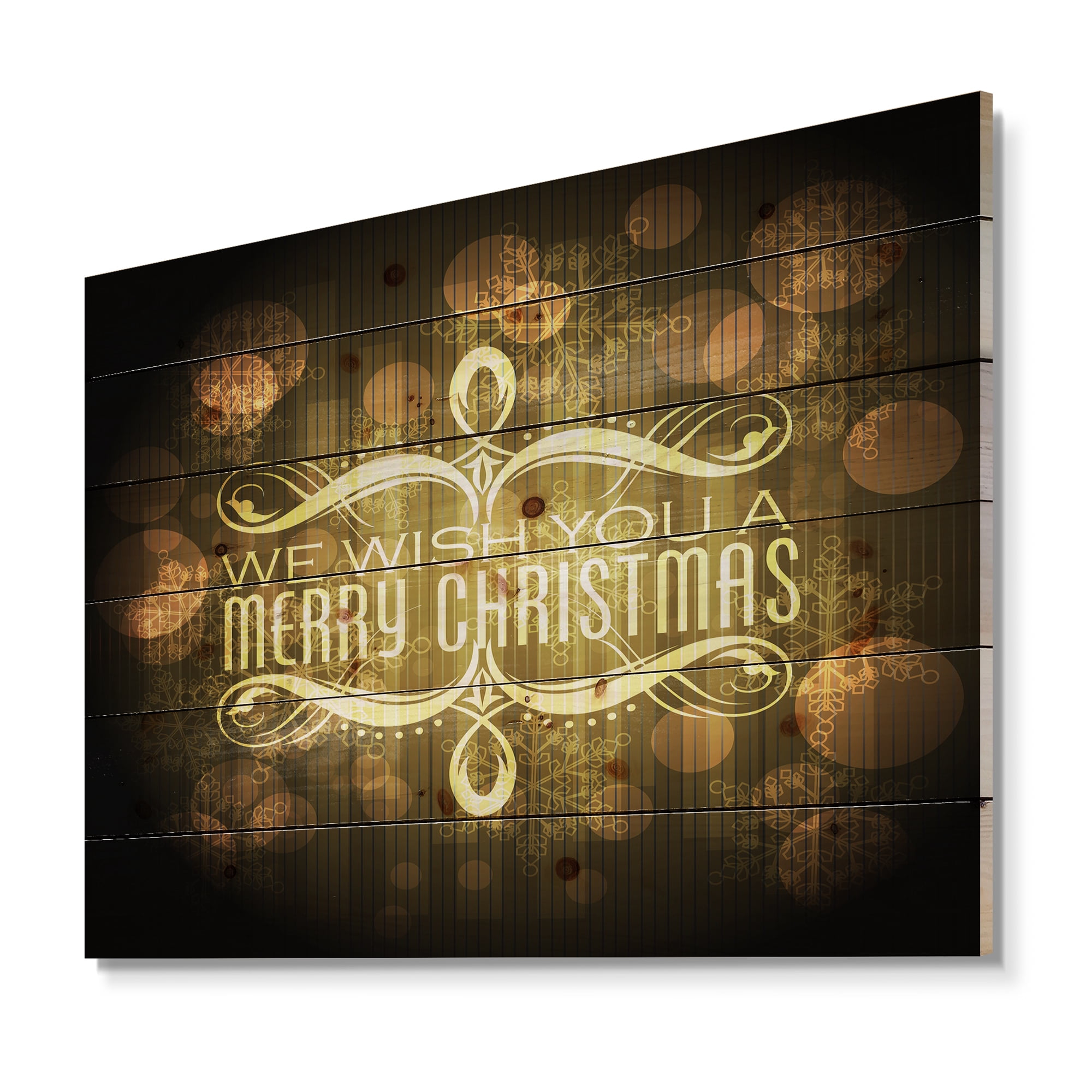 Designart 'Stylish Merry Christmas Wish on Yellow and Black' Print on Natural Pine Wood