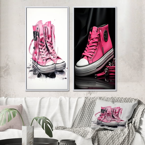 Designart "Stylish Pink Sneakers Obsession III" Fashion Framed Wall Art Set Of 2 - Pink Fashion Gallery Wall Frame Set For Home Decor