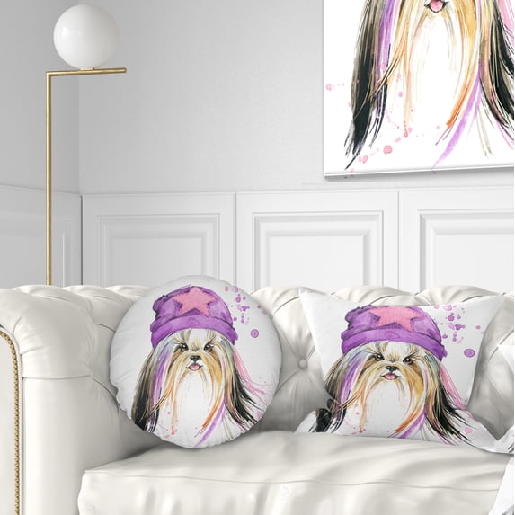 Designart Stylish Puppy with Purple Hat - Animal Throw Pillow - 12x20