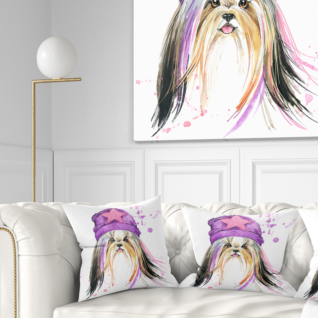 Designart Stylish Puppy with Purple Hat - Animal Throw Pillow - 18x18