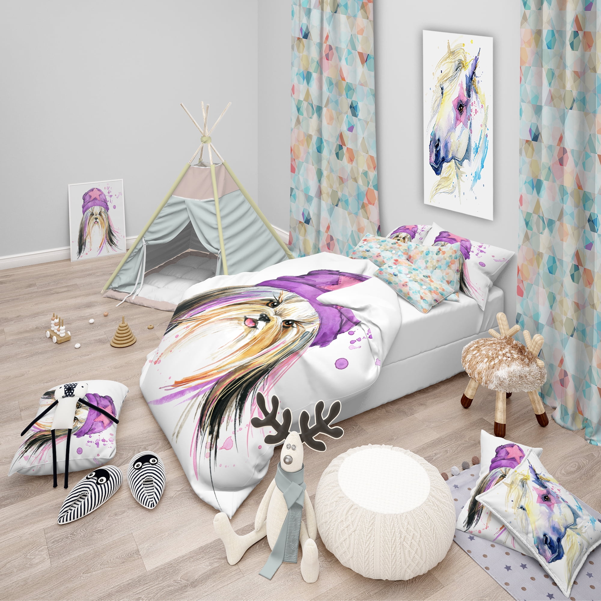 Designart 'Stylish Puppy with Purple Hat' Modern & Contemporary Duvet Cover Set