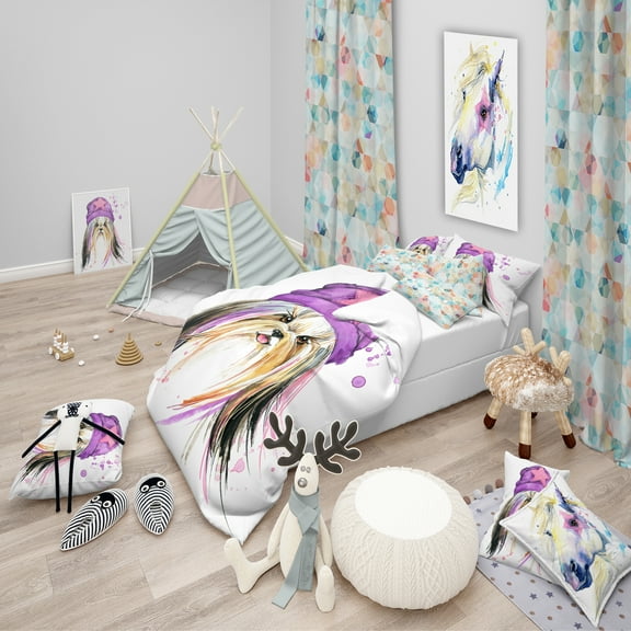 Designart 'Stylish Puppy with Purple Hat' Modern & Contemporary Duvet Cover Set