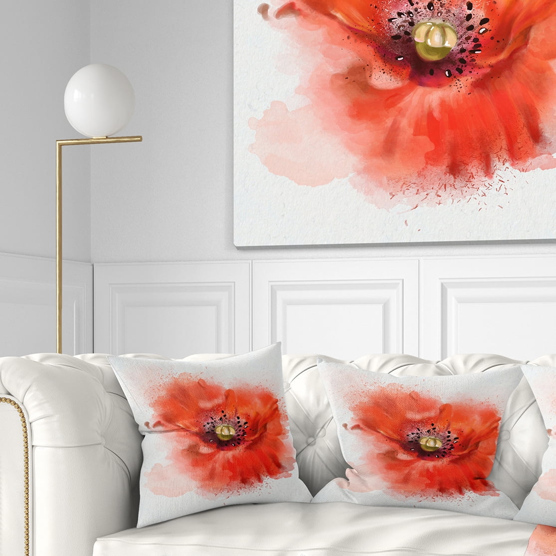 Designart Stylish Red Watercolor Poppy Flower - Floral Throw Pillow - 18x18