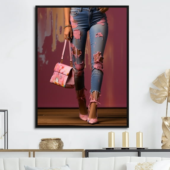 Designart "Stylish Ripped Denim Diva I" Fashion Floater Framed Canvas Prints
