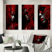 Designart "Stylish Scarlet Glamour from the Past I" Fashion Woman Framed Wall Art Set Of 3 - Red Glam Frame Gallery Set For Office Decor