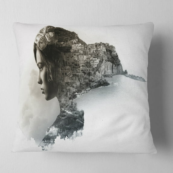Designart Stylish Woman and View of Manarola - Portrait Throw Pillow - 18x18