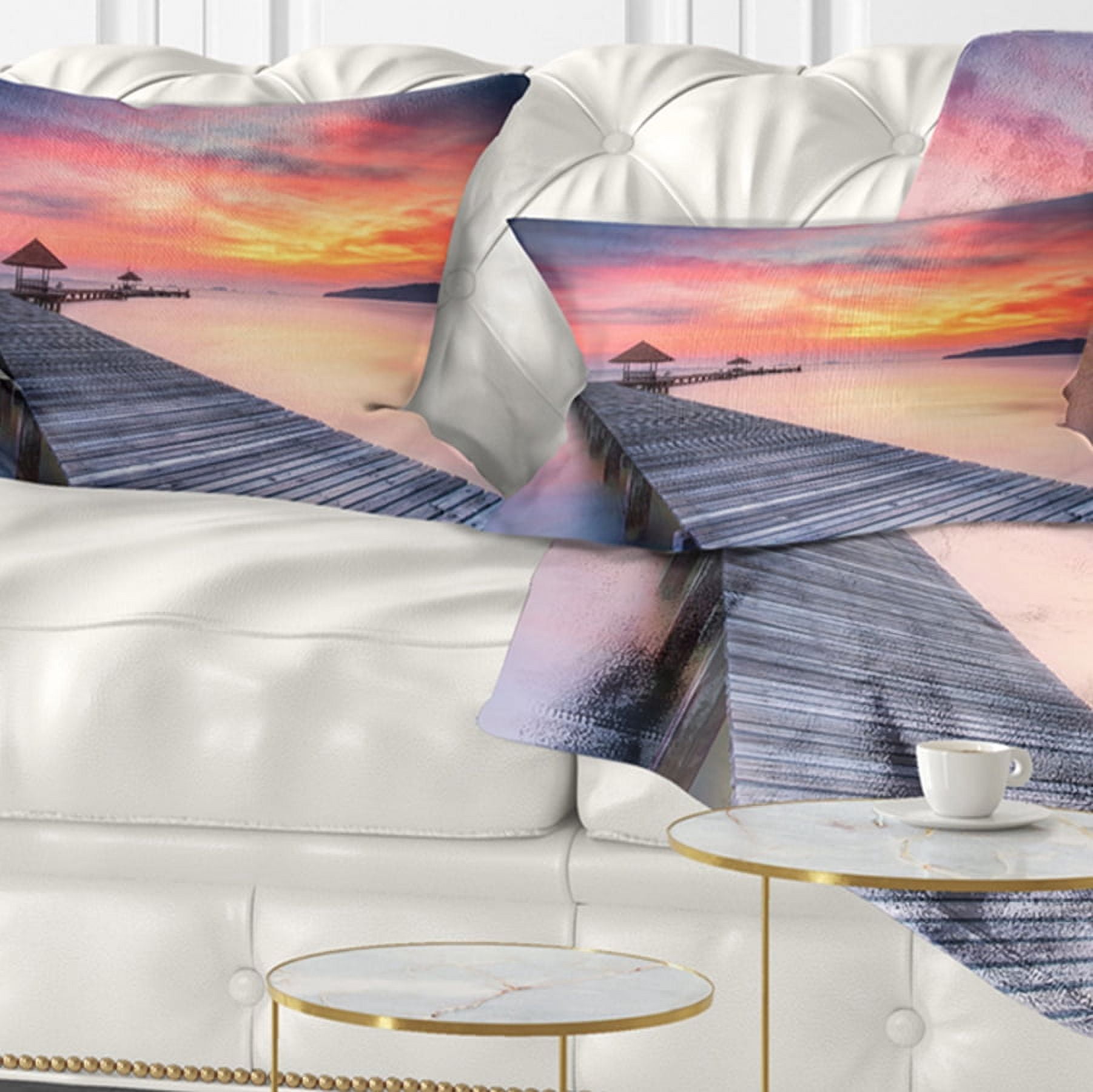 Designart Stylish Wooden Bridge and Beach Sky - Pier Seascape Throw Pillow - 12x20