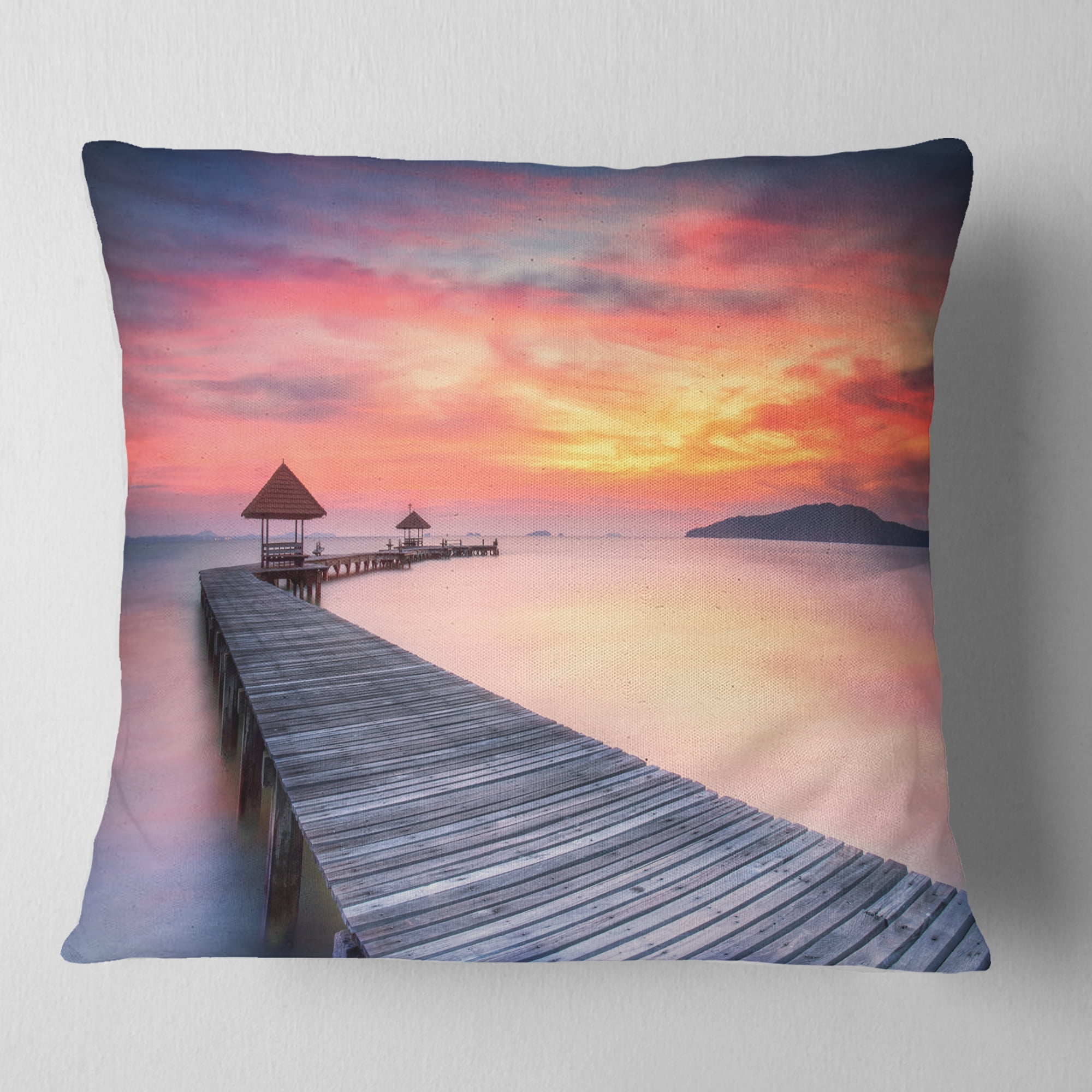 Designart Stylish Wooden Bridge and Beach Sky - Pier Seascape Throw Pillow - 16x16