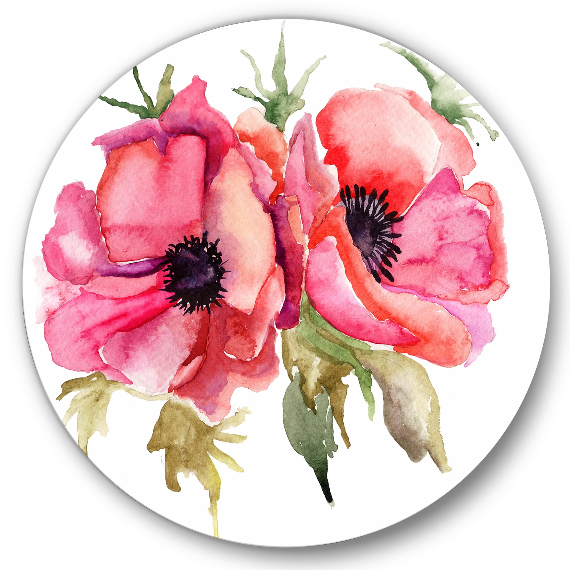 Designart 'Stylized Pink Poppy Flowers' Traditional Circle Metal Wall Art 29x29 - Disc of 29