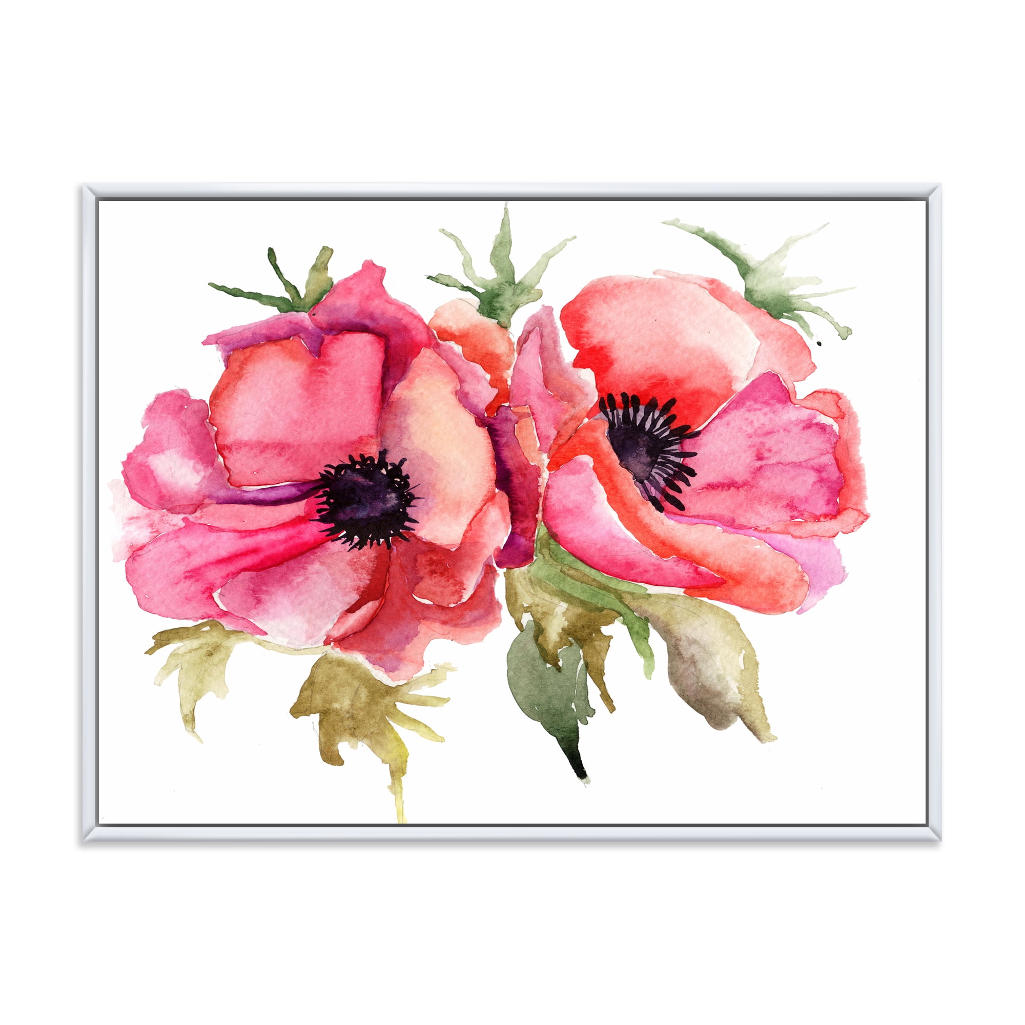 Designart 'Stylized Pink Poppy Flowers' Traditional Framed Canvas Wall Art Print