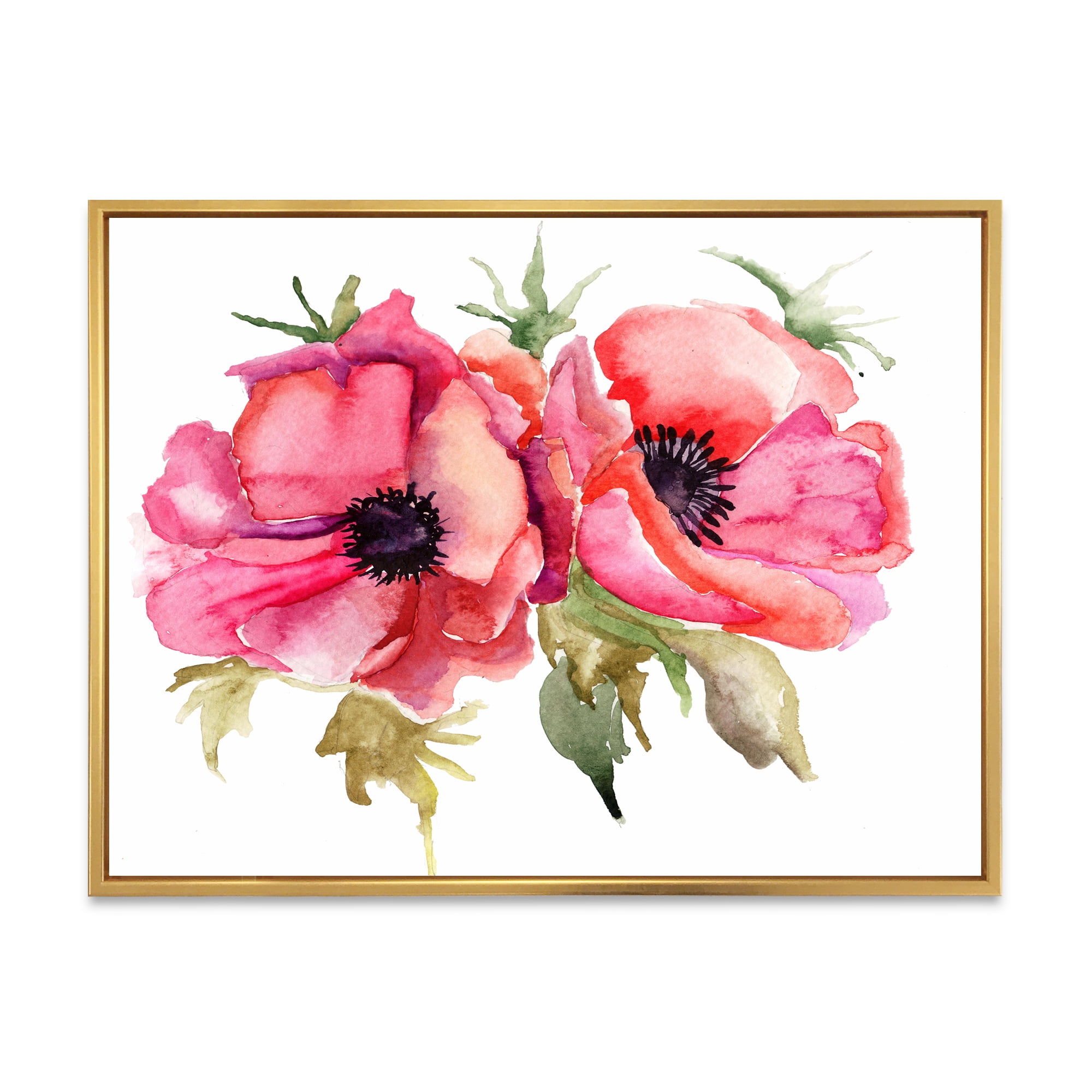 Designart 'Stylized Pink Poppy Flowers' Traditional Framed Canvas Wall Art Print