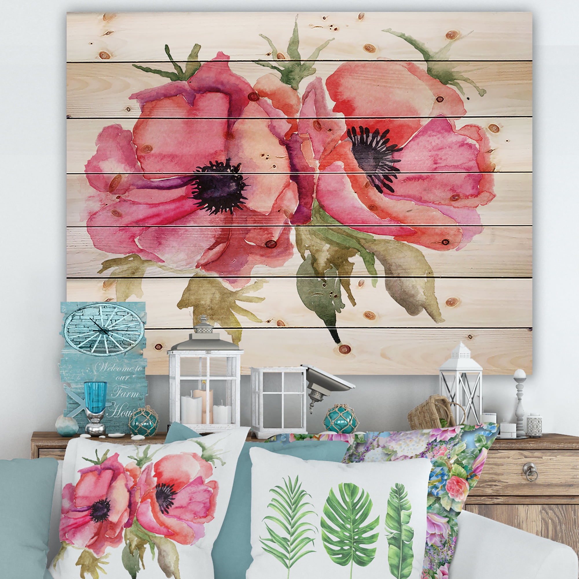 Designart 'Stylized Pink Poppy Flowers' Traditional Print on Natural Pine Wood