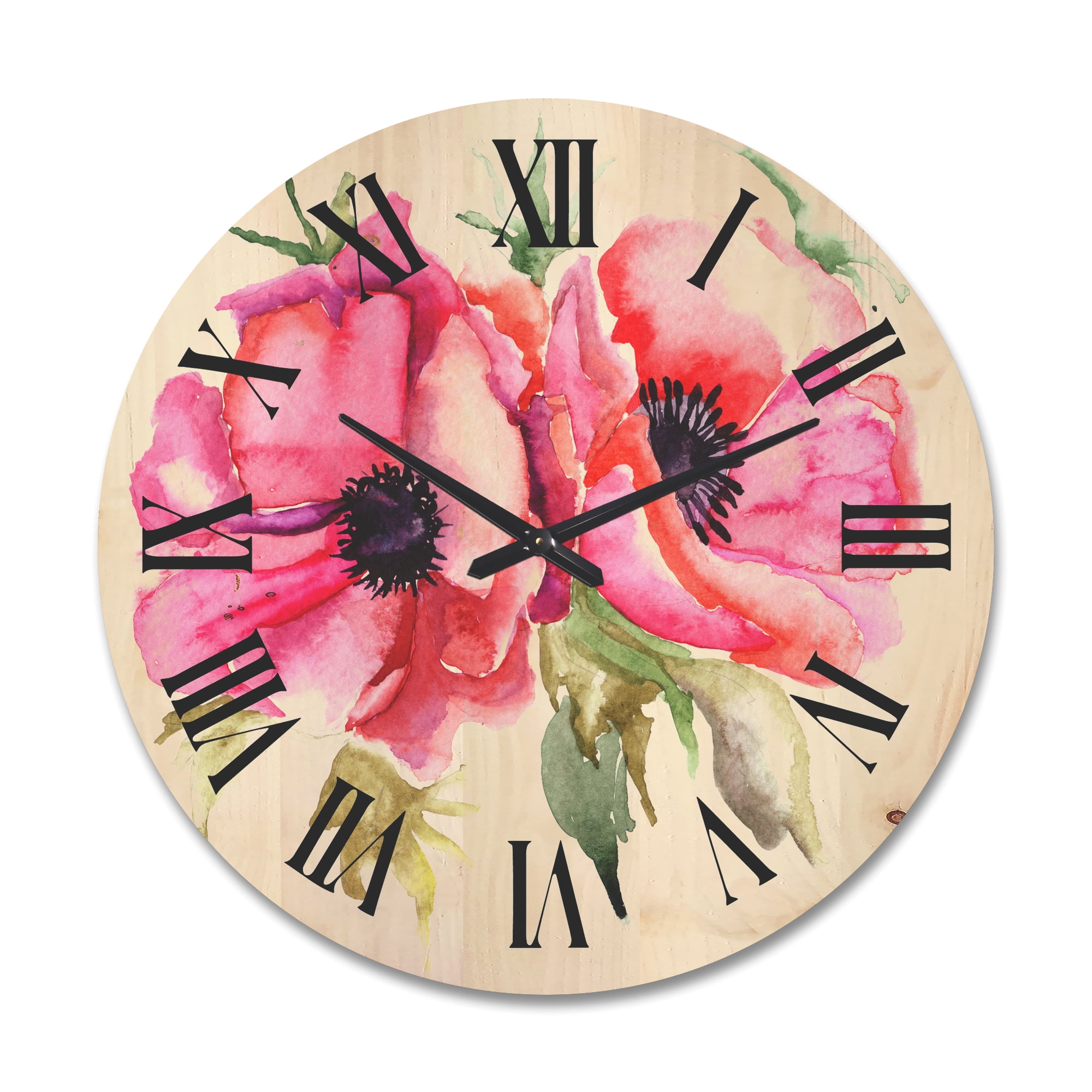 Designart 'Stylized Pink Poppy Flowers' Traditional Wood Wall Clock
