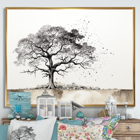 Designart "Subdued Grey Baobab II" Tree Baobab Floater Framed Wall Art Living Room