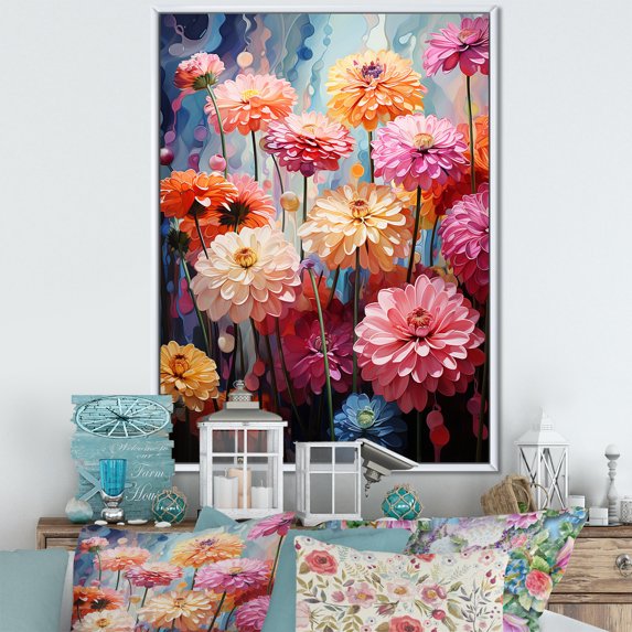 Designart "Subdued Zinnias Meadow I" Zinnias Floater Framed Canvas Prints