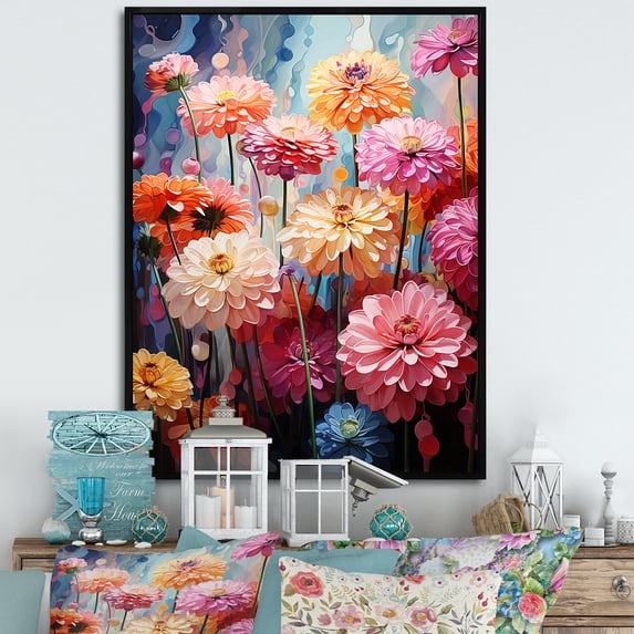 Designart "Subdued Zinnias Meadow I" Zinnias Floater Framed Canvas Prints