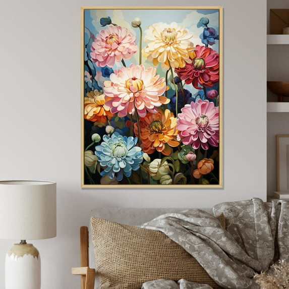 Designart "Subdued Zinnias Meadow II" Zinnias Floater Framed Wall Decor