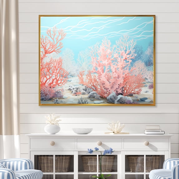 Designart "Submerged Coral Elegance I" Coastal Coral Under Water Floater Framed Canvas Wall Art