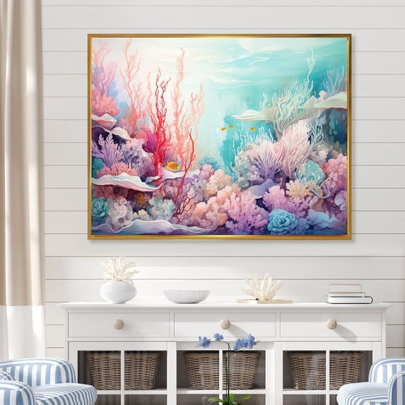 Designart "Submerged Coral Orchestra I" Coastal Coral Under Water Floater Framed Wall Art Living Room