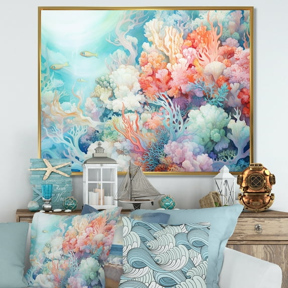 Designart "Submerged Coral Orchestra Ii I" Coastal Coral Under Water Floater Framed Canvas Wall Art