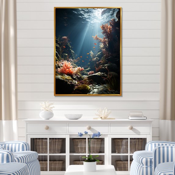 Designart "Submerged Elegance In Pink Coral Beauty" Coastal Coral Under Water Floater Framed Wall Art Living Room