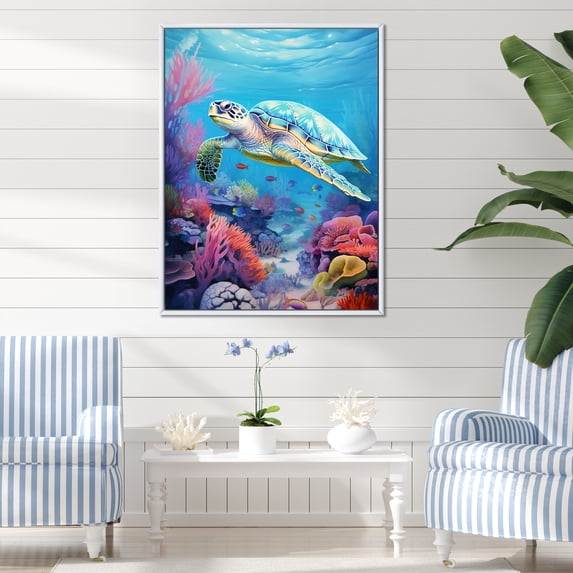 Designart "Submerged Turtle Seascape" Coastal Coral Under Water Floater Framed Canvas Prints