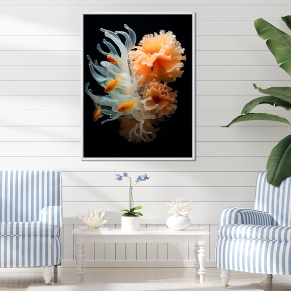 Designart "Submerged Vibrant Orange Coral" Coastal Coral Under Water Floater Framed Wall Art Prints