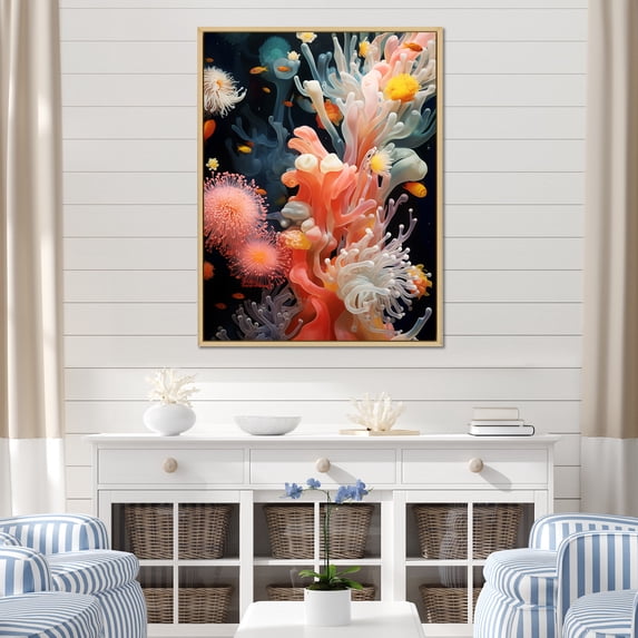 Designart "Submerged Vibrant Pink Coral" Coastal Coral Under Water Floater Framed Wall Art Living Room
