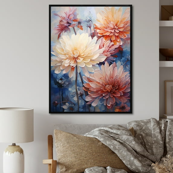 Designart "Subtle Beauty: Minimalistic White And Coral Mums" Chrysanthemums Floater Framed Canvas Art Print