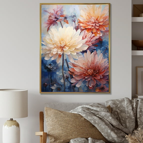 Designart "Subtle Beauty: Minimalistic White And Coral Mums" Chrysanthemums Floater Framed Canvas Art Print